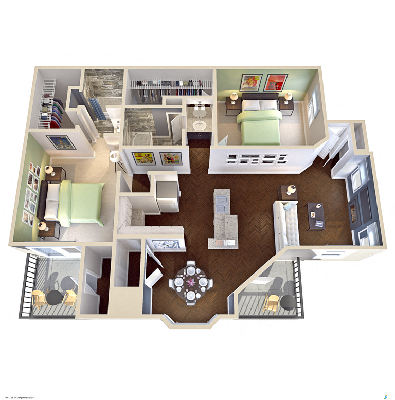 Floor plan for 2 beds, 2 baths, 1111 sqft